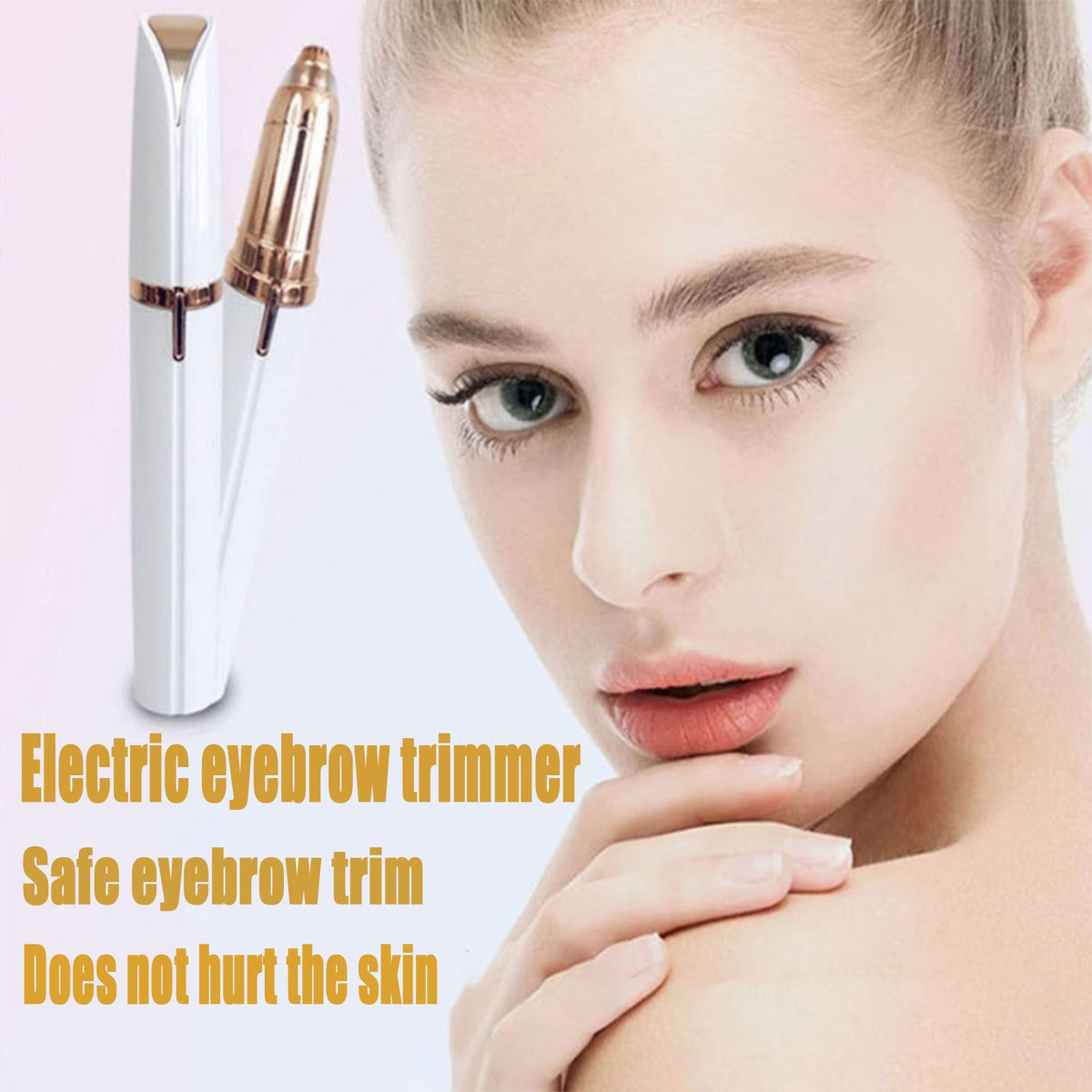 Compact lipstick sized CaoXiong facial hair remover pen for women next to a cosmetic pouch