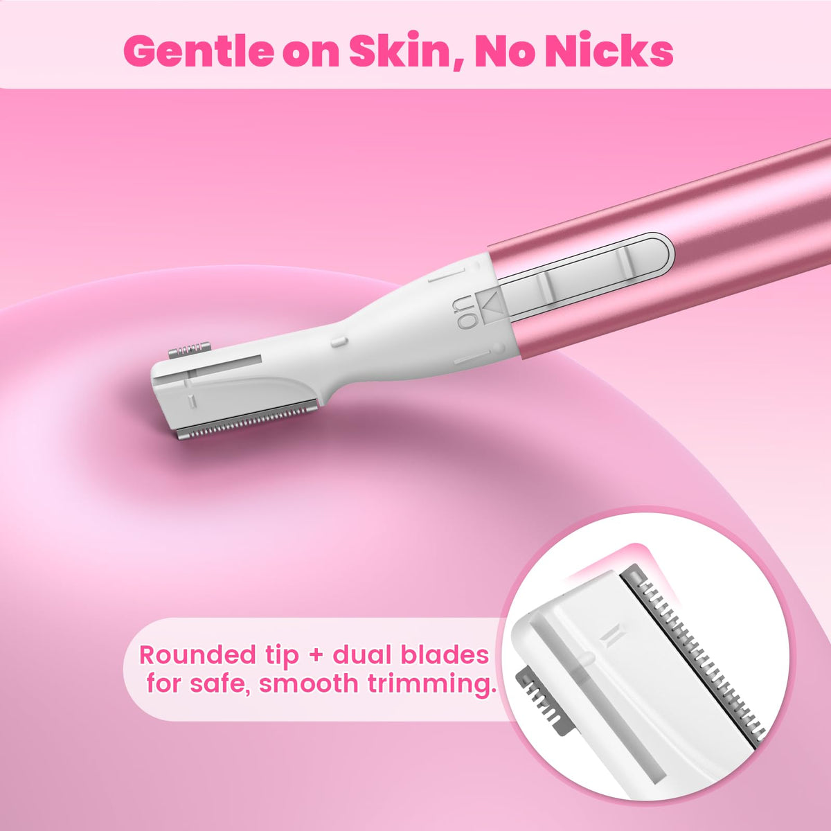 Light blue battery operated facial hair remover pen showing the dual blade mechanism.
