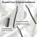 Gold reusable facial razor with twelve replaceable blades displayed for professional peach fuzz removal