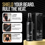 Viking Shield beard spray bottle showing heat protection details