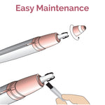 Compact travel friendly lipstick style eyebrow trimmer alongside its cleaning brush accessory.