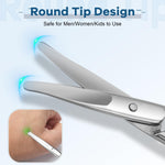 LIVINGO small grooming scissors angled view highlighting the ergonomic ring handles and curved cutting edge.