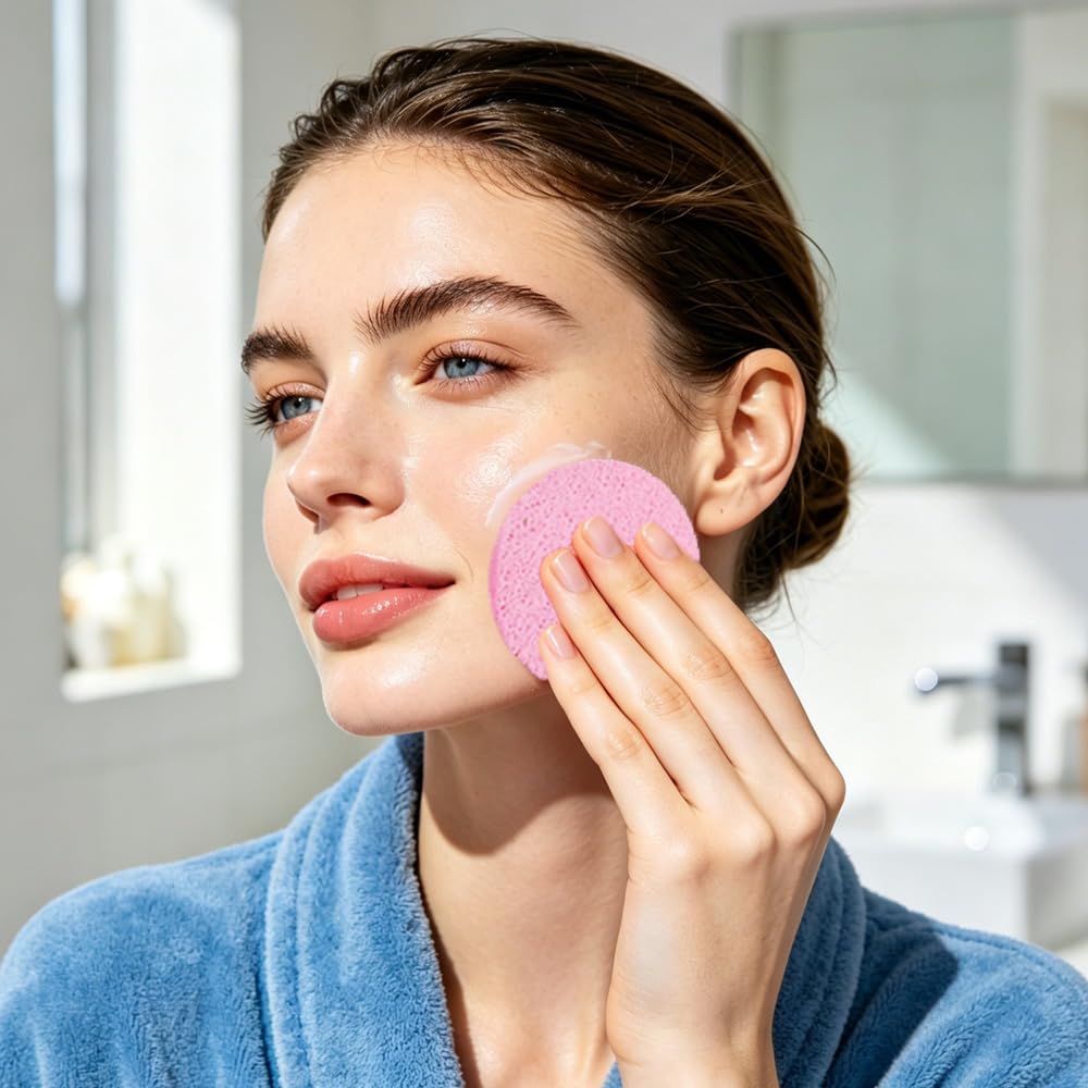 Krgiqn pink face cleansing sponge expanding in water close up view