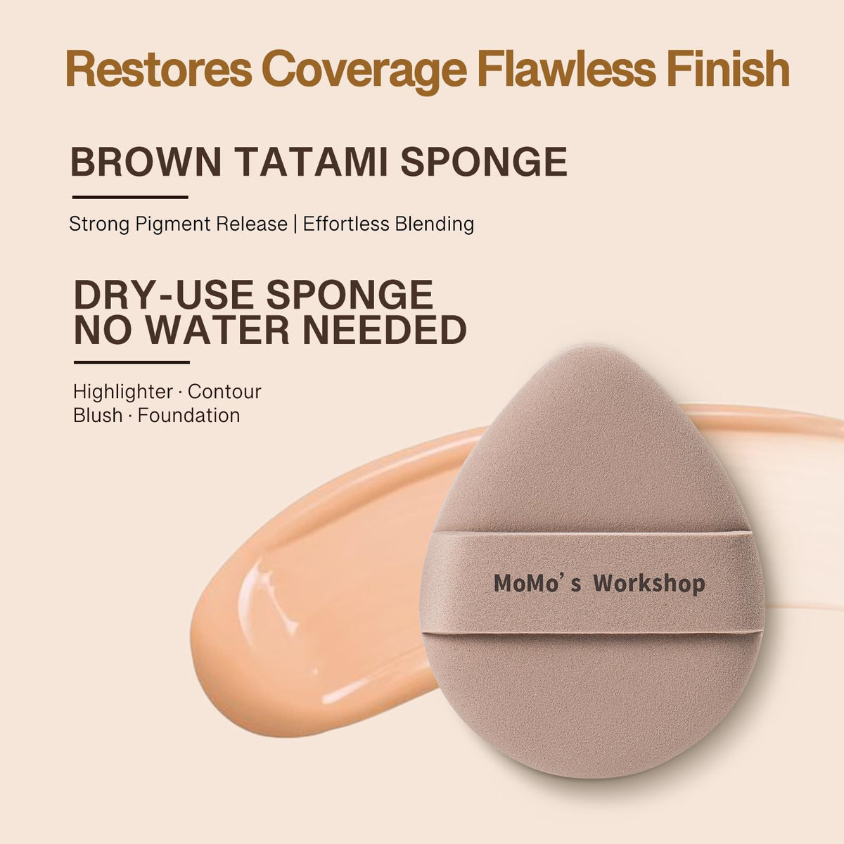 Oversized Rubycell foam beauty blender with finger strap for precise liquid foundation application