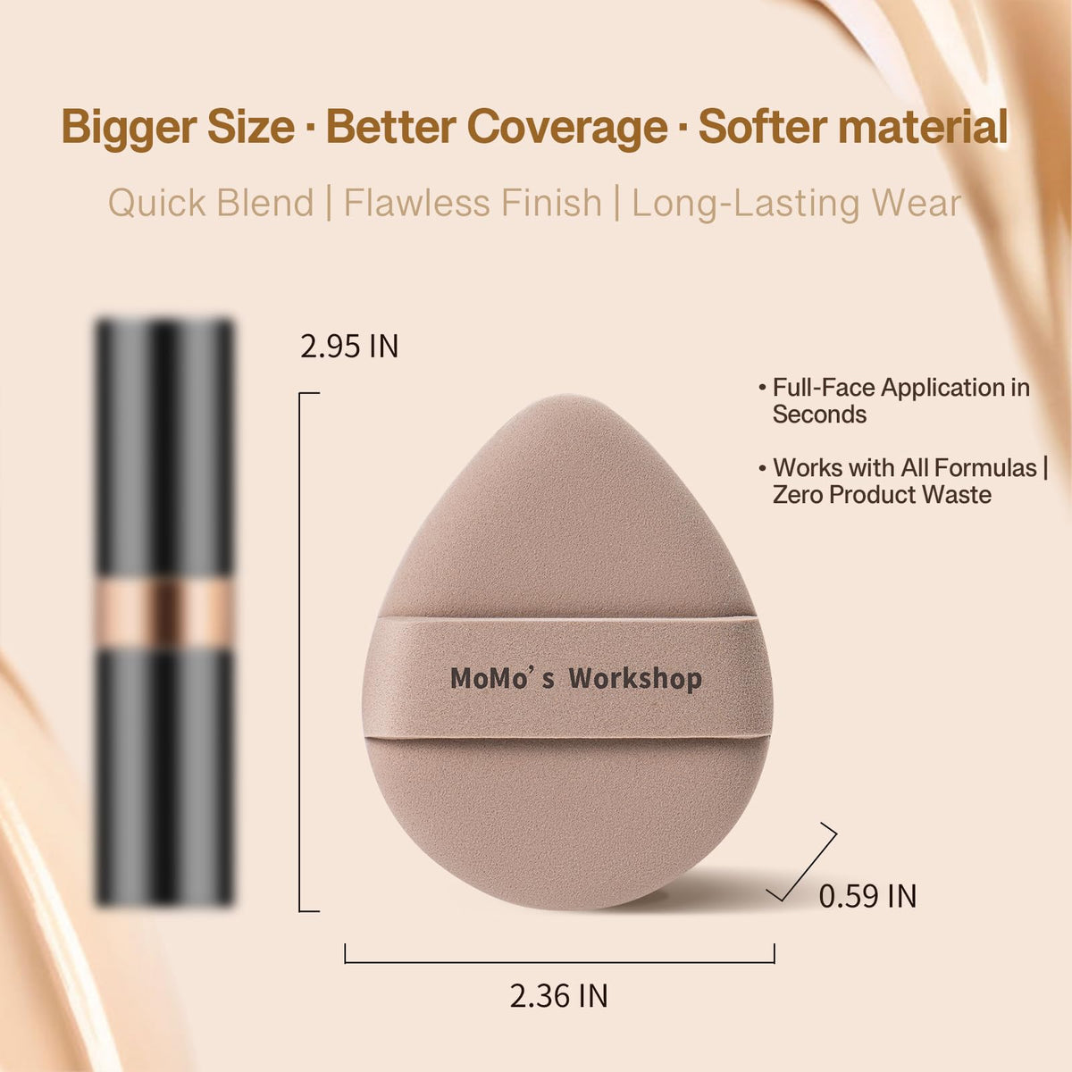 Dual-sided cosmetic puff showing the 75-degree angled tip for under-eye concealer blending