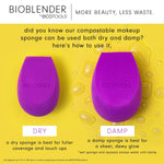 EcoTools purple biodegradable makeup sponge being held damp for liquid foundation application.