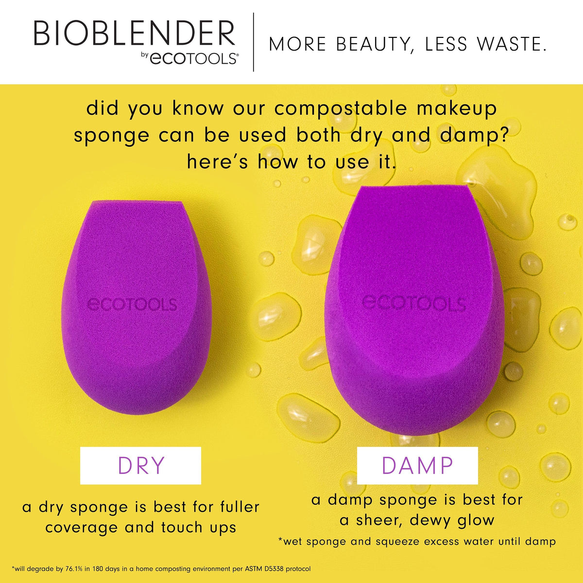 EcoTools purple biodegradable makeup sponge being held damp for liquid foundation application.