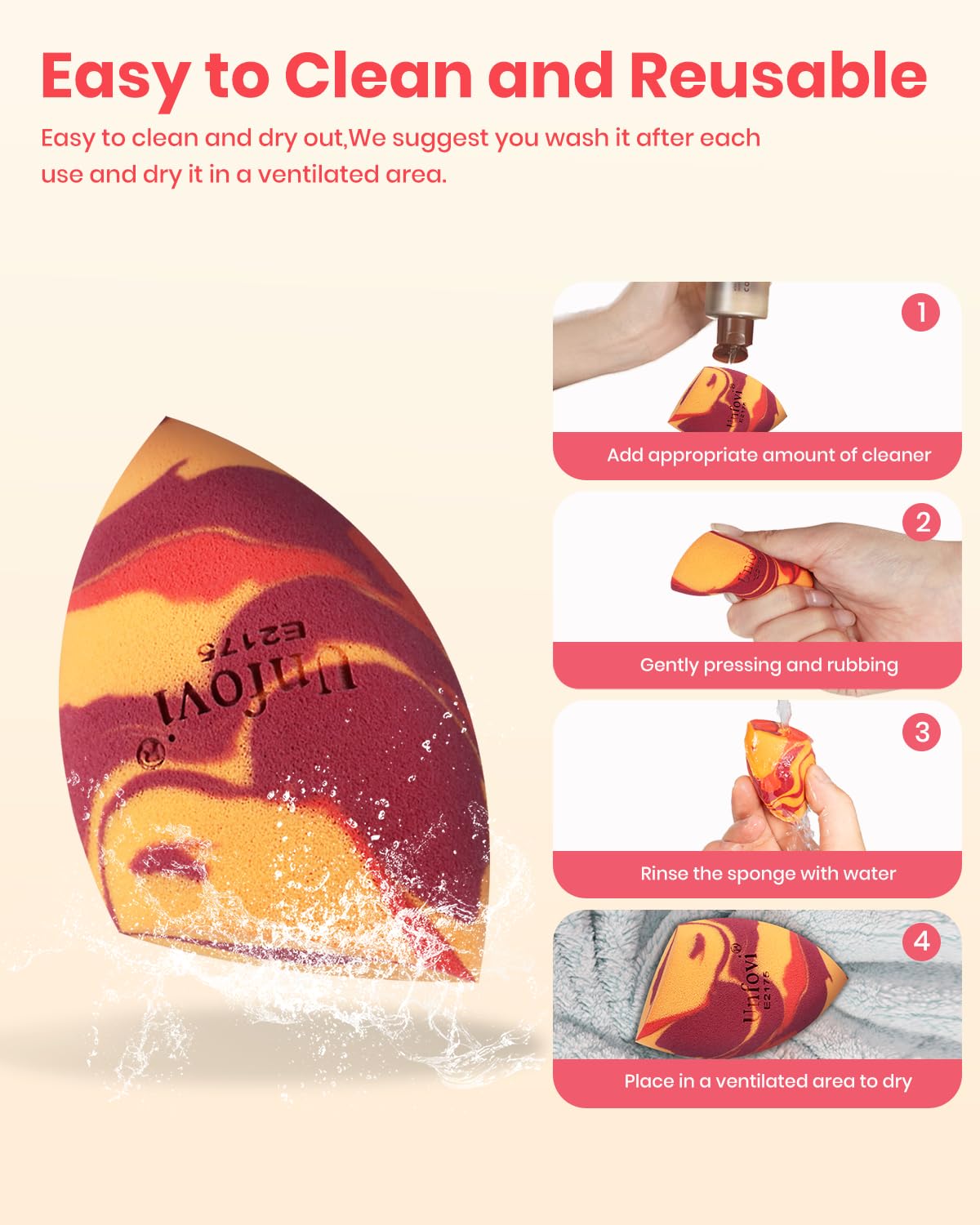 Packaging display of seven pieces Unfovi premium imported makeup sponges for Indian shoppers