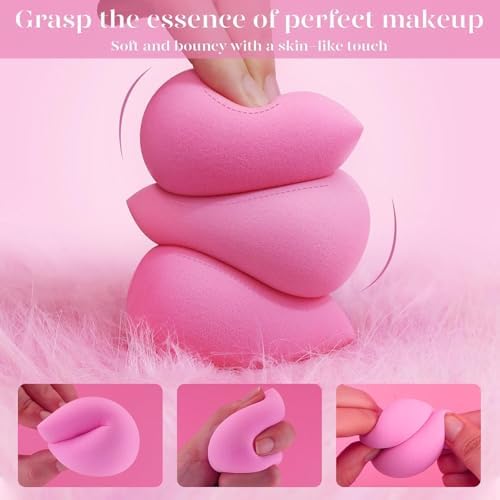 Damp and expanded pink BEAKEY makeup blending sponge demonstrating size increase when wet