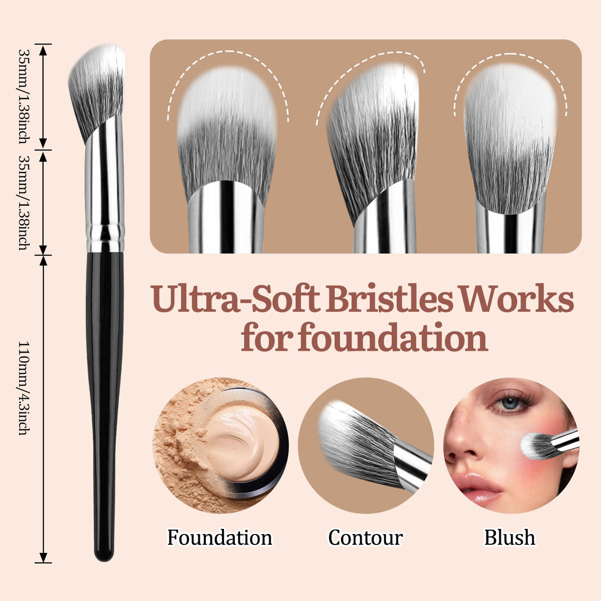 Sleek black handle and ferrule of the imported angled blusher brush.