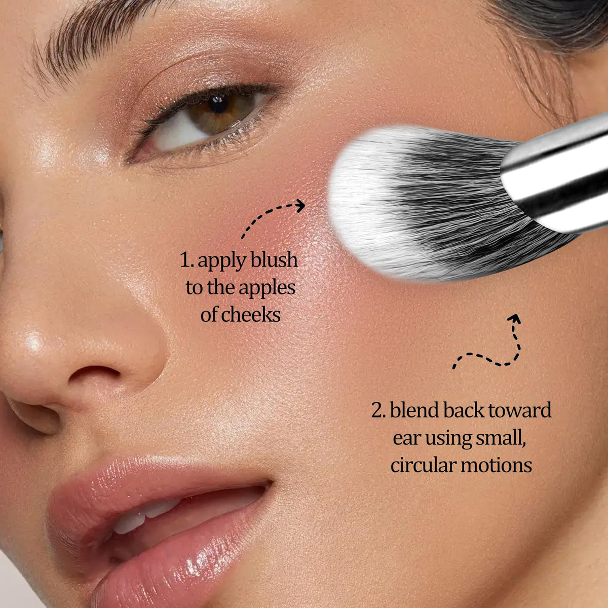 Side profile of the angled makeup brush illustrating the sloped cutting edge for cheekbone precision.