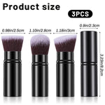 Three portable powder foundation brushes showing round angled and flat top synthetic bristle shapes