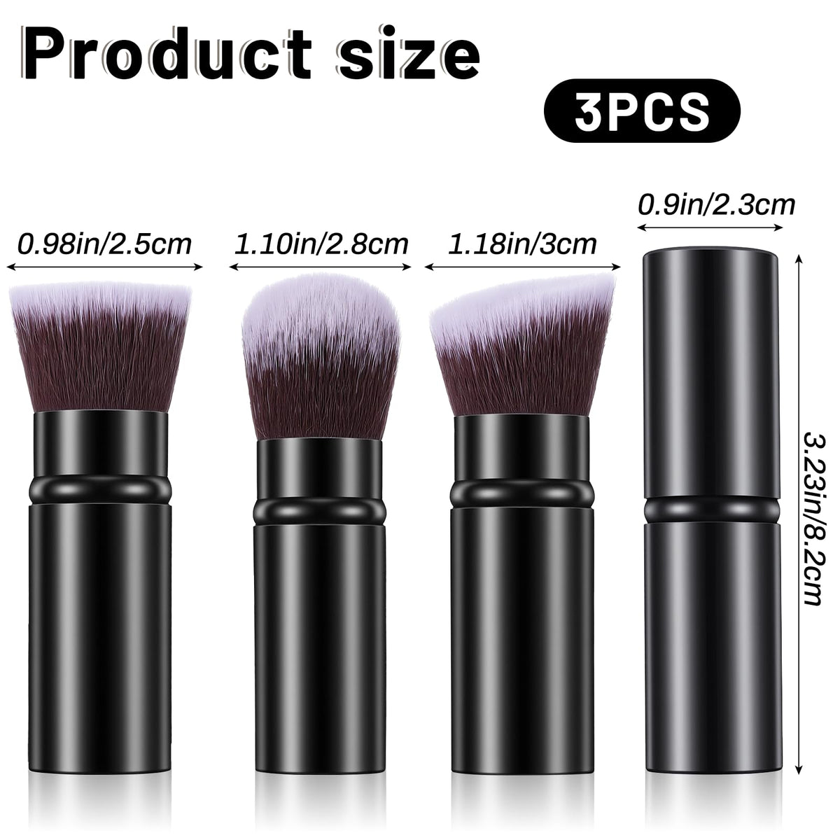 Three portable powder foundation brushes showing round angled and flat top synthetic bristle shapes