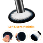 Portable powder brush with cap showing retractable mechanism in action