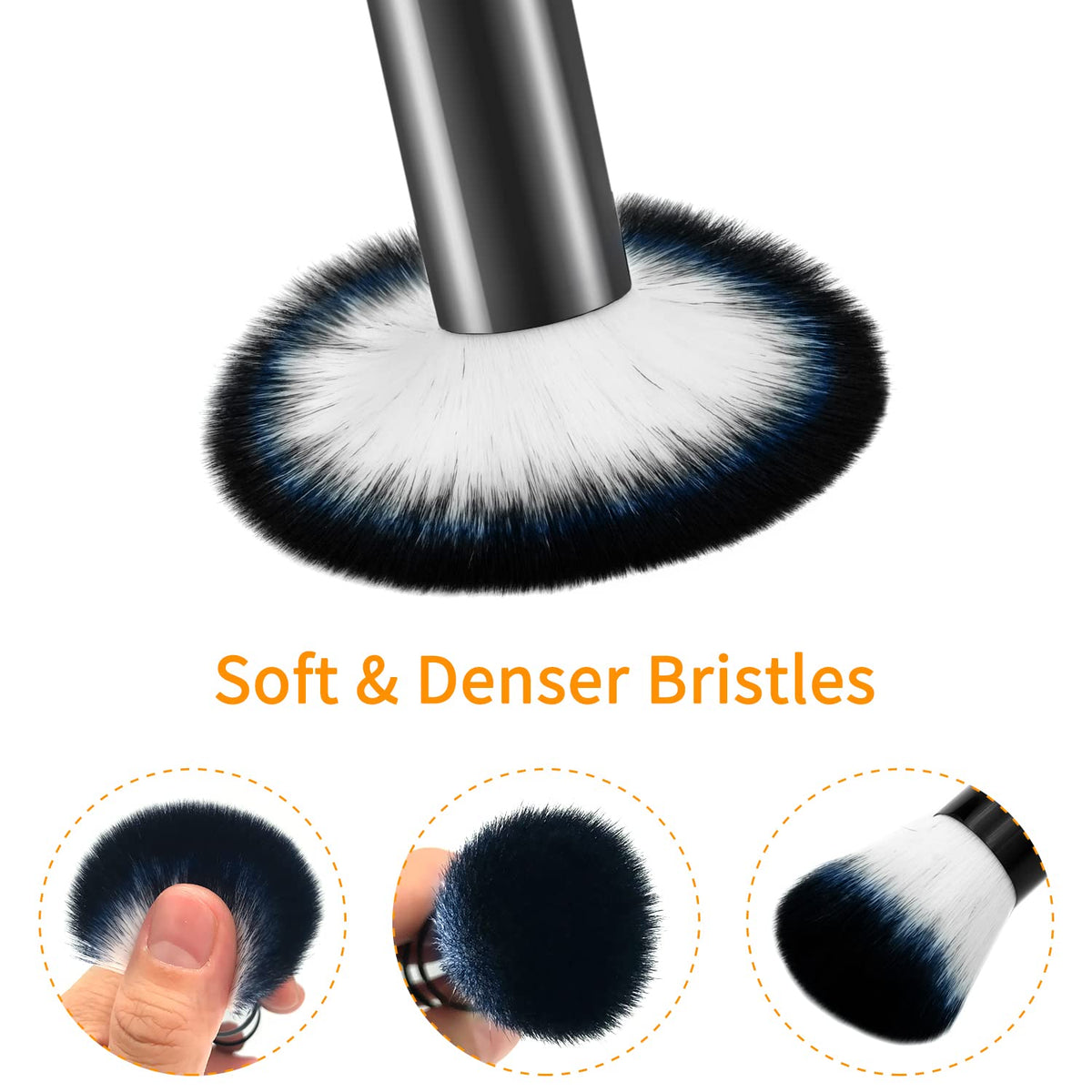 Portable powder brush with cap showing retractable mechanism in action
