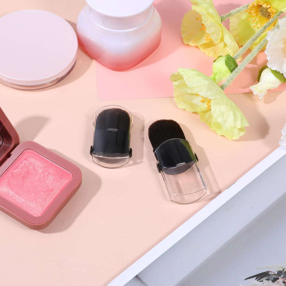 Demonstration of the high density powder brush applying cosmetic bronzer smoothly.