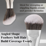 Albeaut contoured makeup brush highlighting the ergonomic wooden handle and aluminum ferrule.