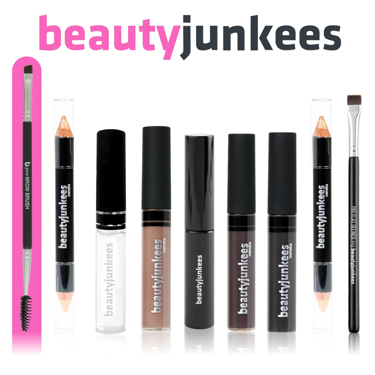 Beauty Junkees dual ended precision eyebrow filler and liner brush packaging view.
