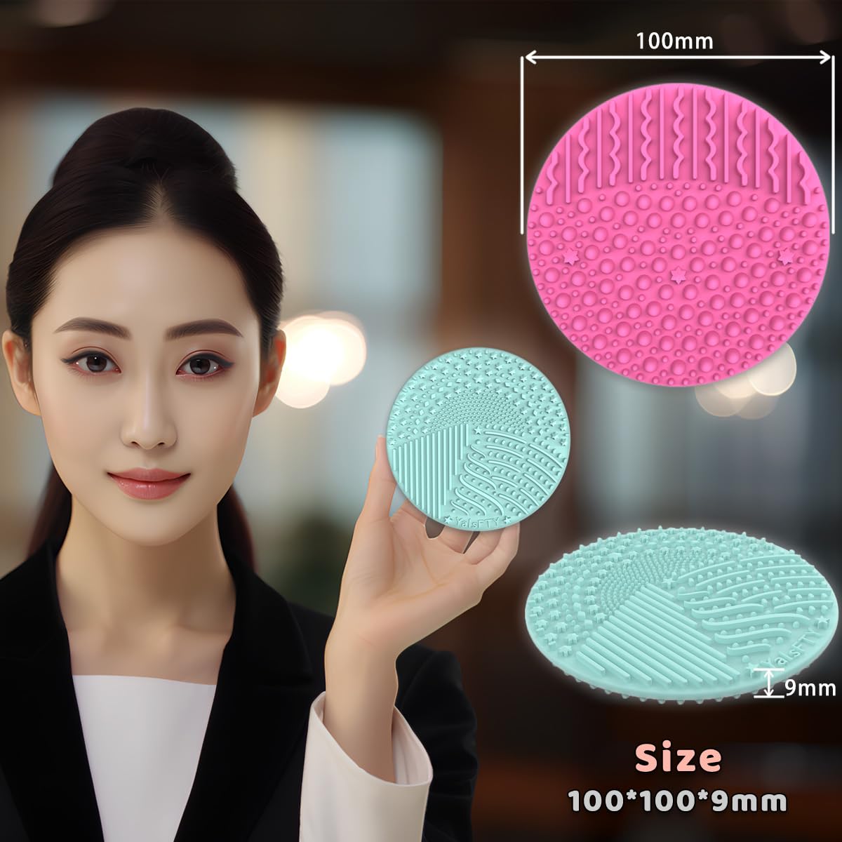 Dual sided cosmetic brush scrubber pad detailing the seven unique cleaning textures
