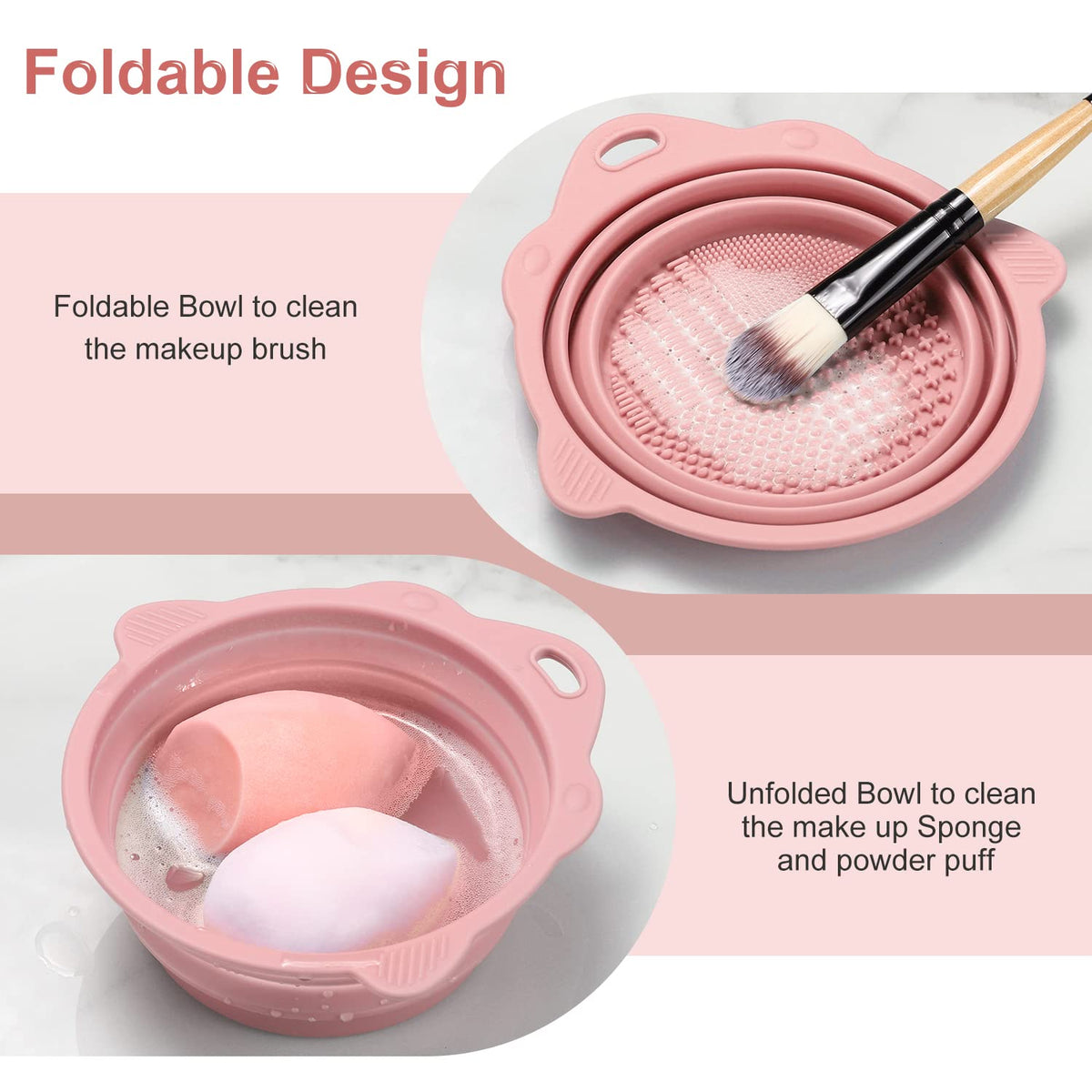 Collapsible pink cosmetic cleaning mat expanded into a washing basin