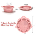Portable travel friendly makeup brush scrubber folded flat next to cosmetic bag