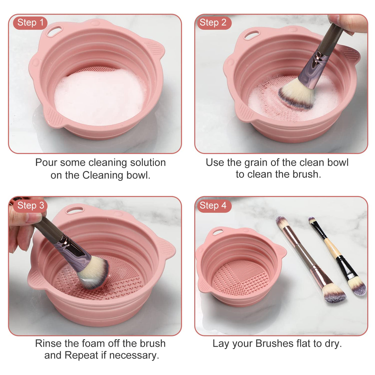 Swirling a cosmetic powder brush against the textured silicone cleaner pad