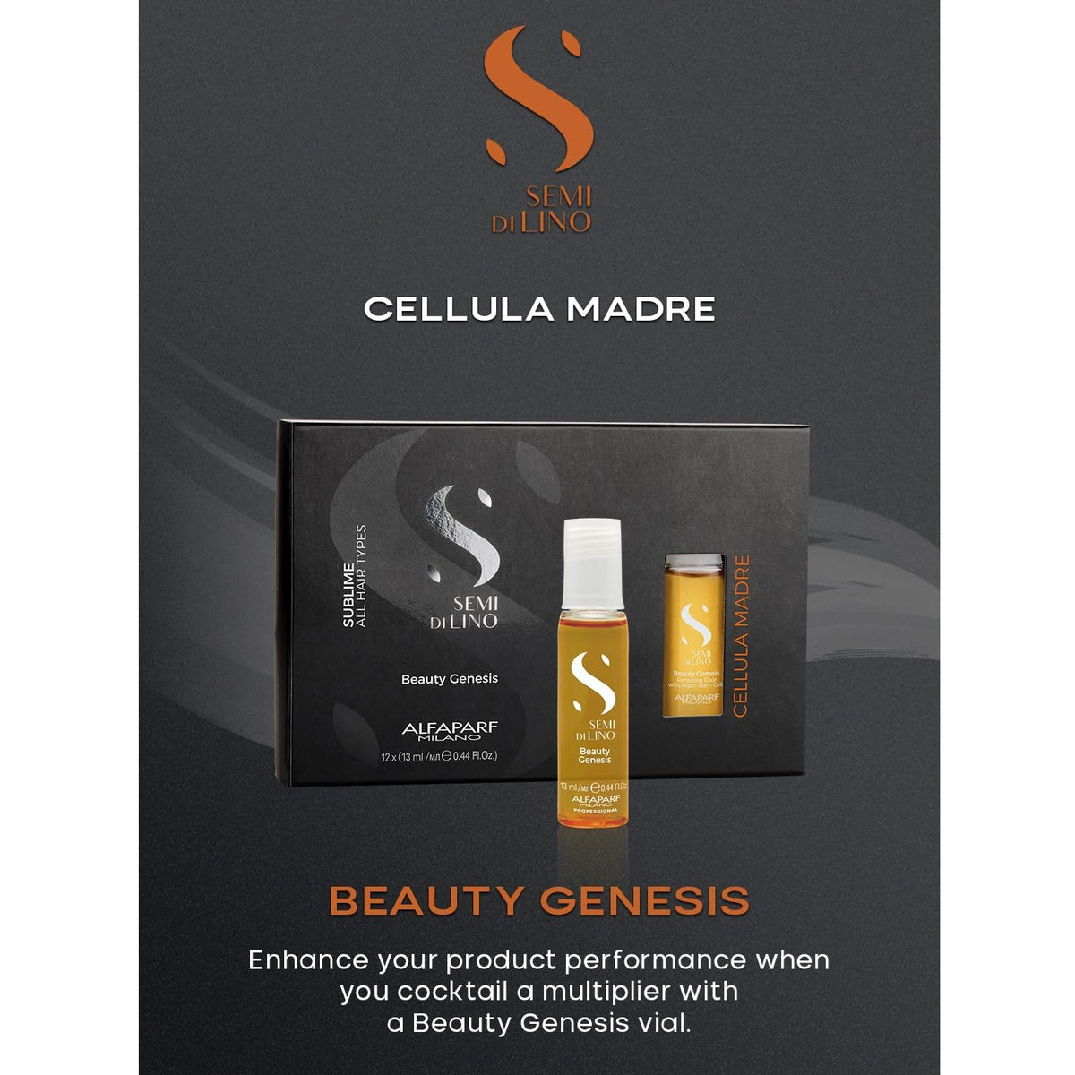 Two part Alfaparf Semi di Lino hair care routine displaying vials and multiplier concentrate together