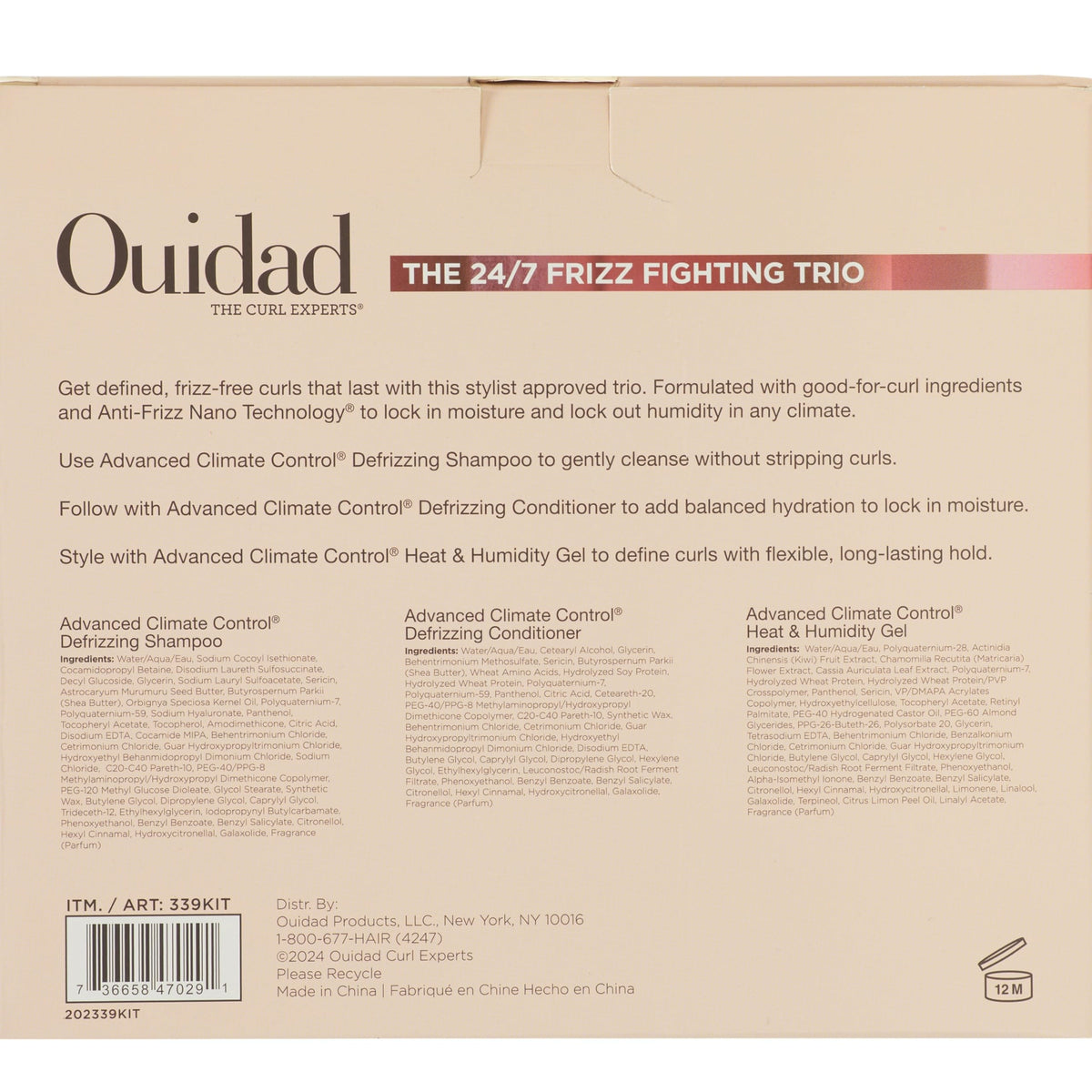 Ouidad curly hair shampoo conditioner and gel bottles for anti frizz care