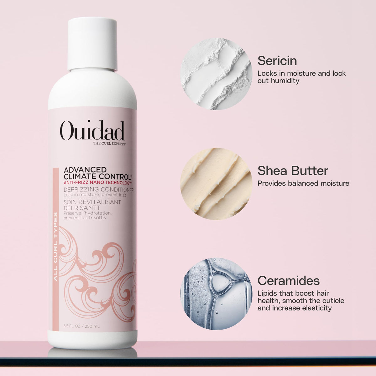 Ouidad defrizzing hair products pack close up showing ingredient labels