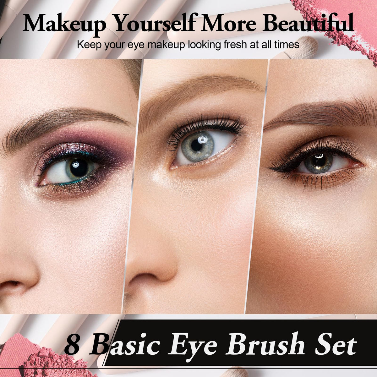 Eight piece professional cosmetic brush set showcasing both flat shader and fluffy blending heads