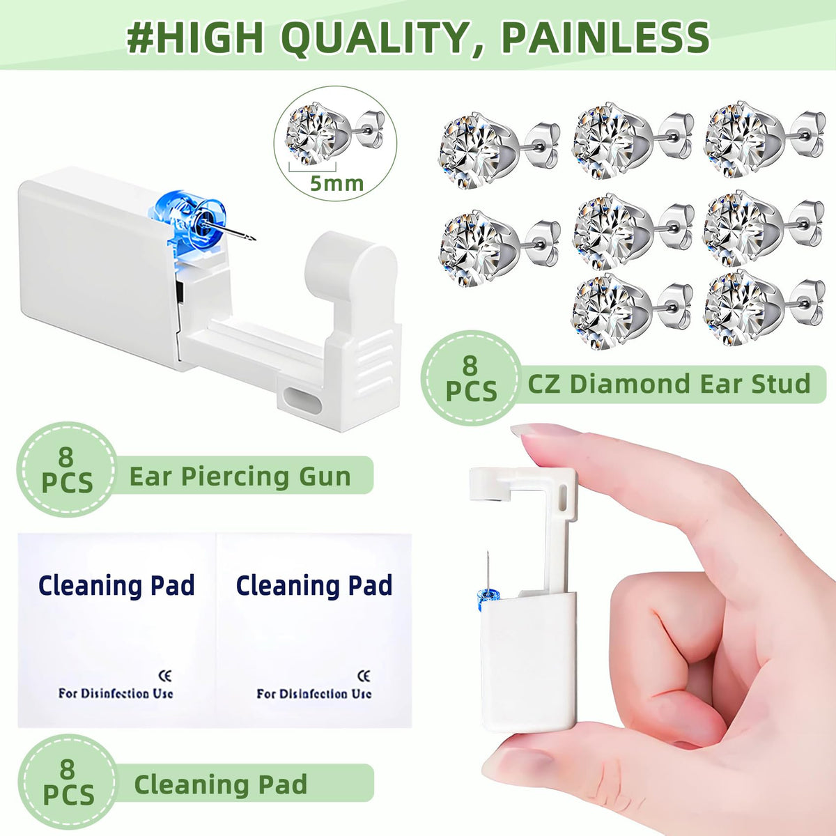 Eight sterile disposable ear piercing guns in packaging