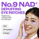Close up of purple glittery hydrogel patches under the eye for depuffing