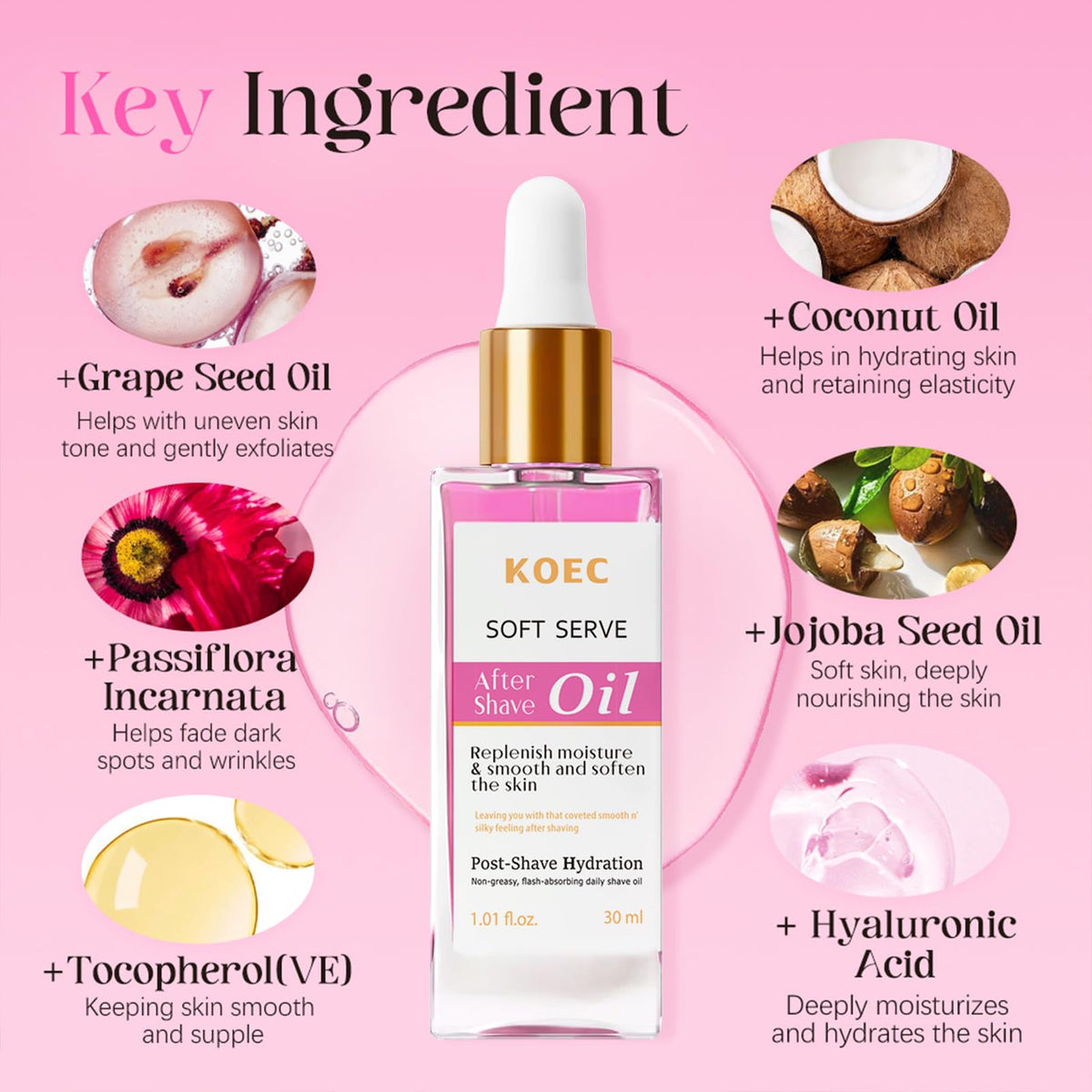 KOEC soothing post shave treatment clear oil dropper application close up view.