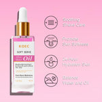 KOEC daily hair removal care oil bottle next to fresh strawberries and vanilla imagery.