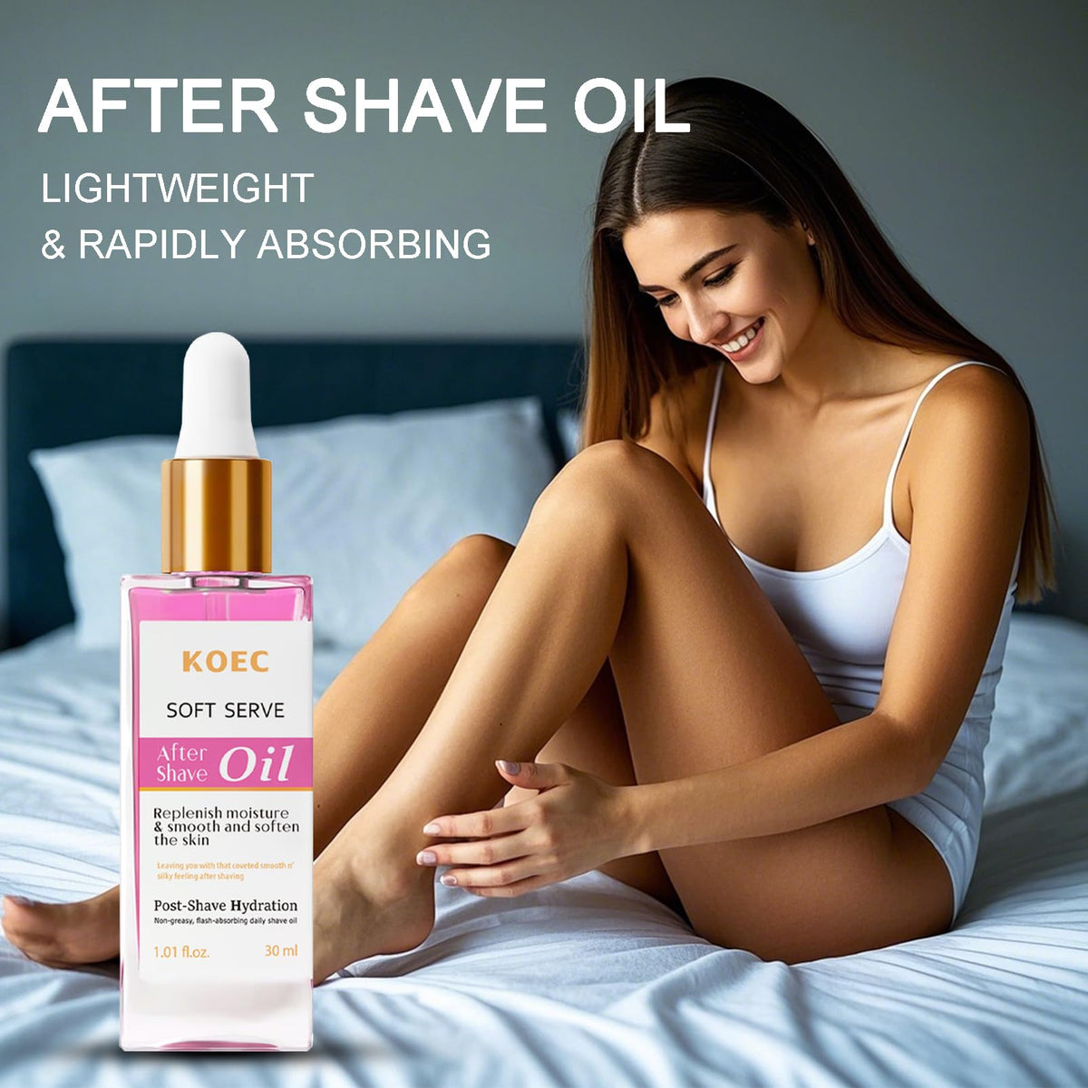 KOEC moisturizing aftershave oil for women box packaging and glass container layout.