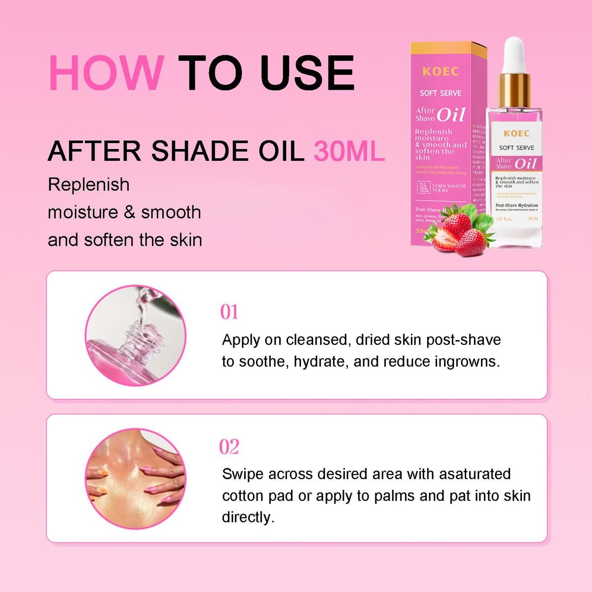 KOEC ingrown hair prevention body oil texture demonstration on clean skin background.
