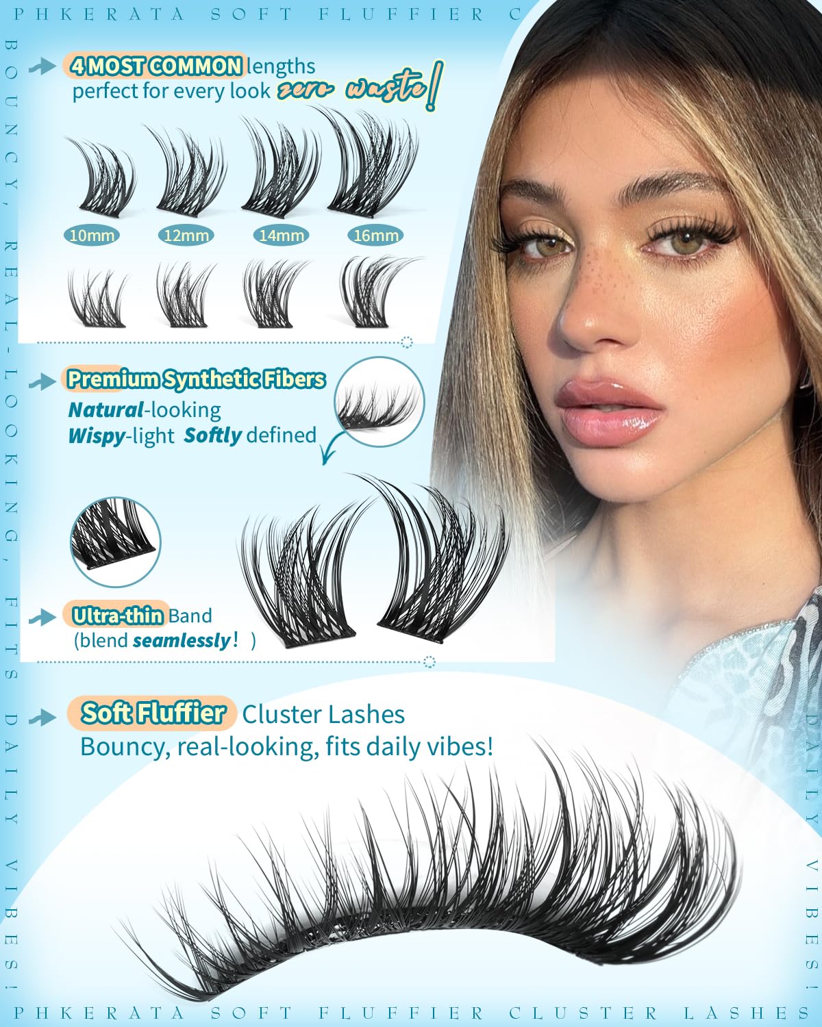 Close up view of the C-curly individual lash clusters demonstrating the flexible, wide soft thin band design.