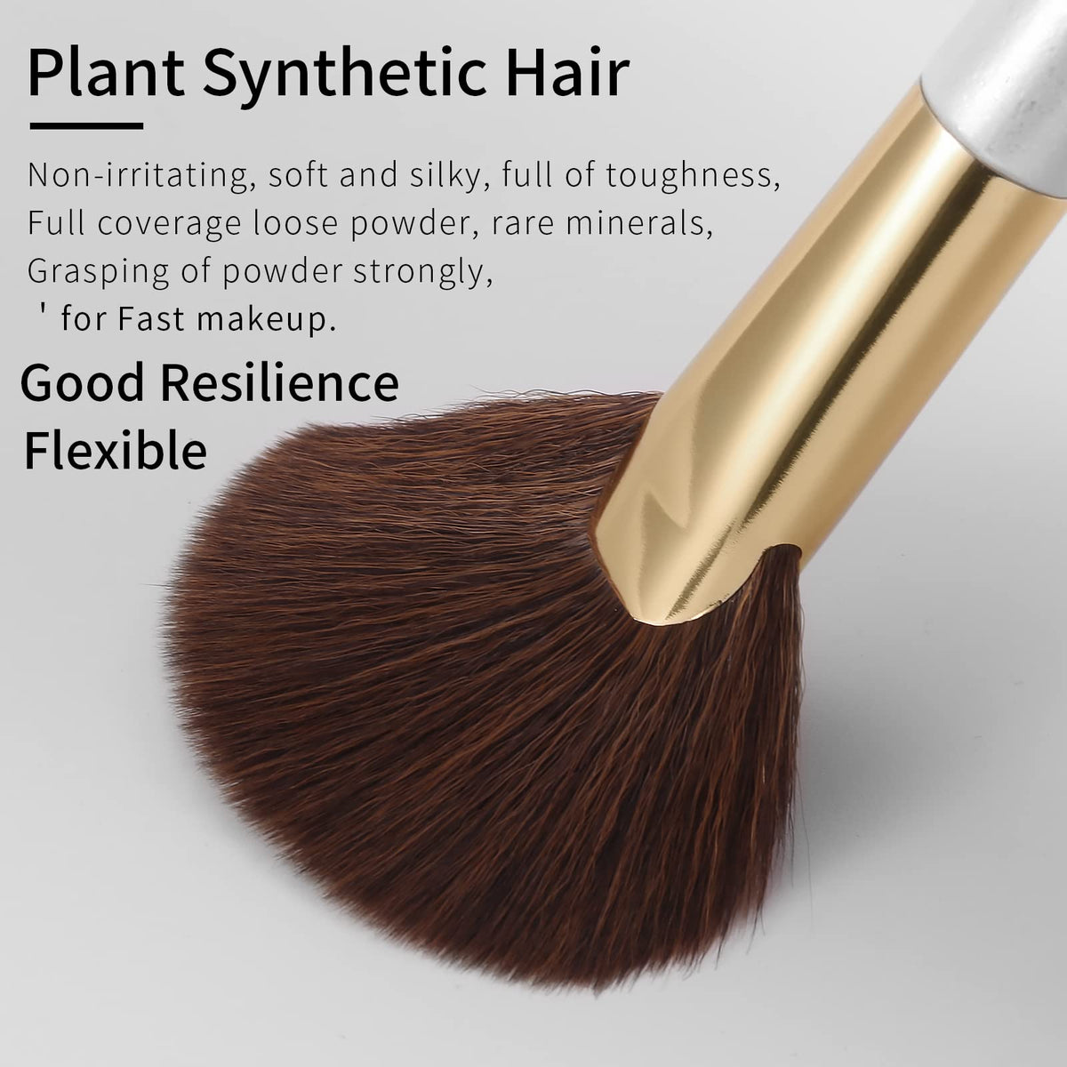 Ergonomic birch wood handle and gold aluminum ferrule detailing on the professional makeup tool