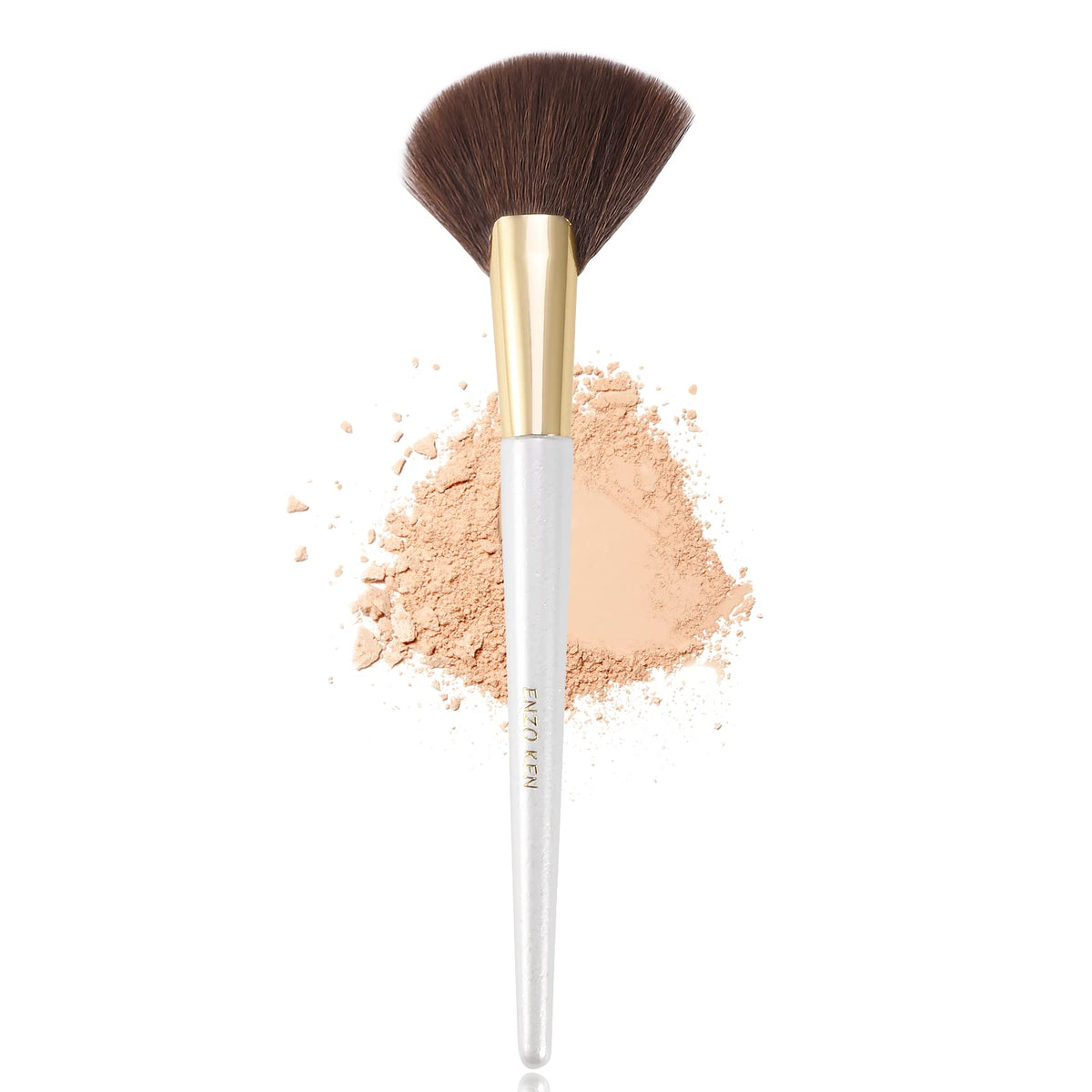 Comparison view of the white angled fan brush next to standard face makeup tools