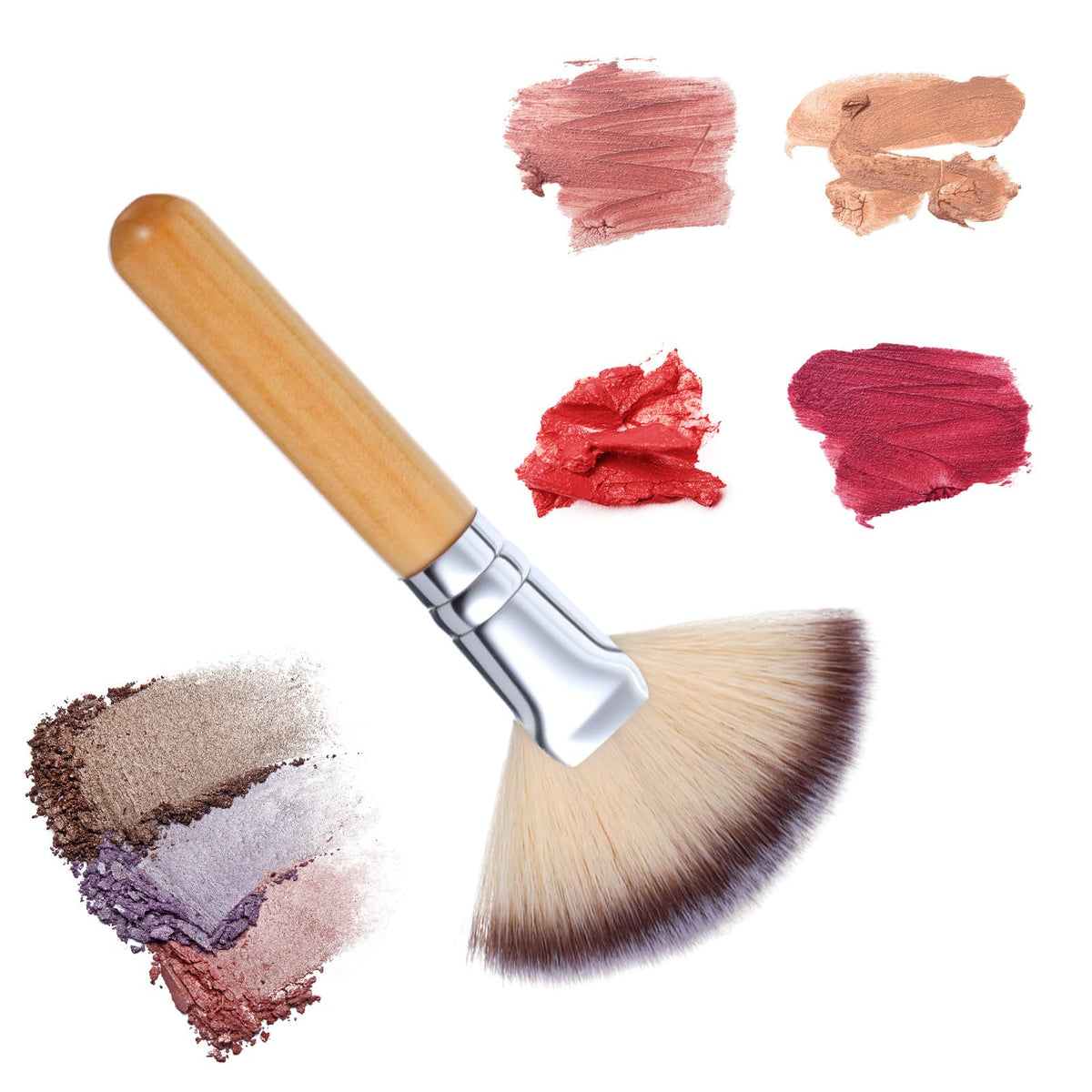 Side angle shot of the dense yet fluffy salbsever fan makeup brush used for highlighting and powder blush blending
