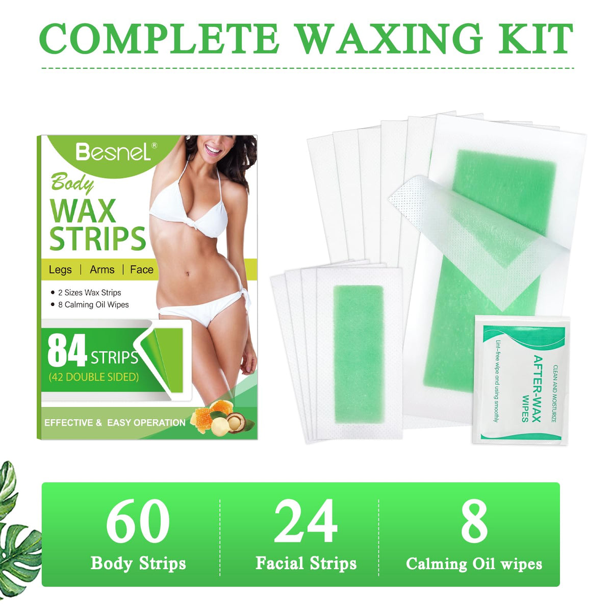 Hypoallergenic body wax strips being separated before application on sensitive skin.