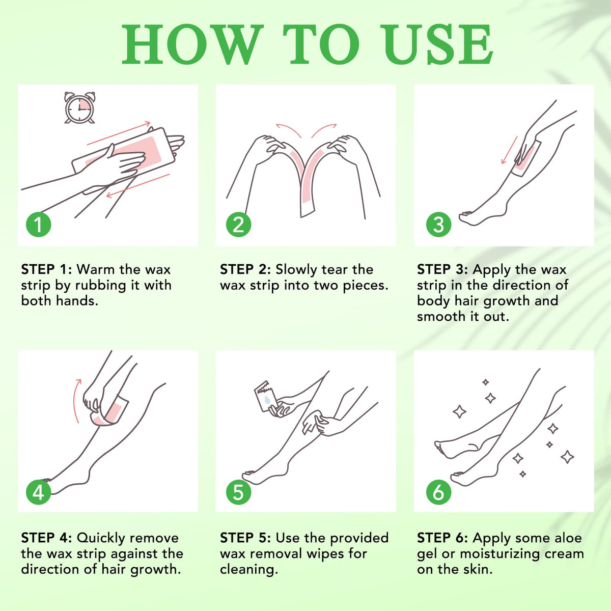 Instructional view demonstrating how to warm and apply Besnel hair remover strips at home.