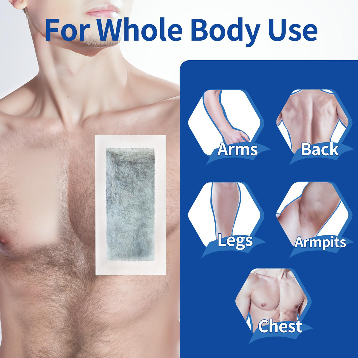 Demonstration of a wax strip applied to a man's chest for grooming.