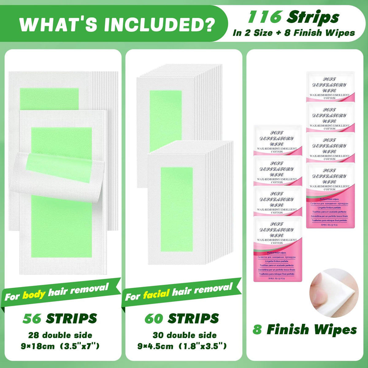 FYENCAM at home waxing kit showing large body strips and small precision facial strips separated