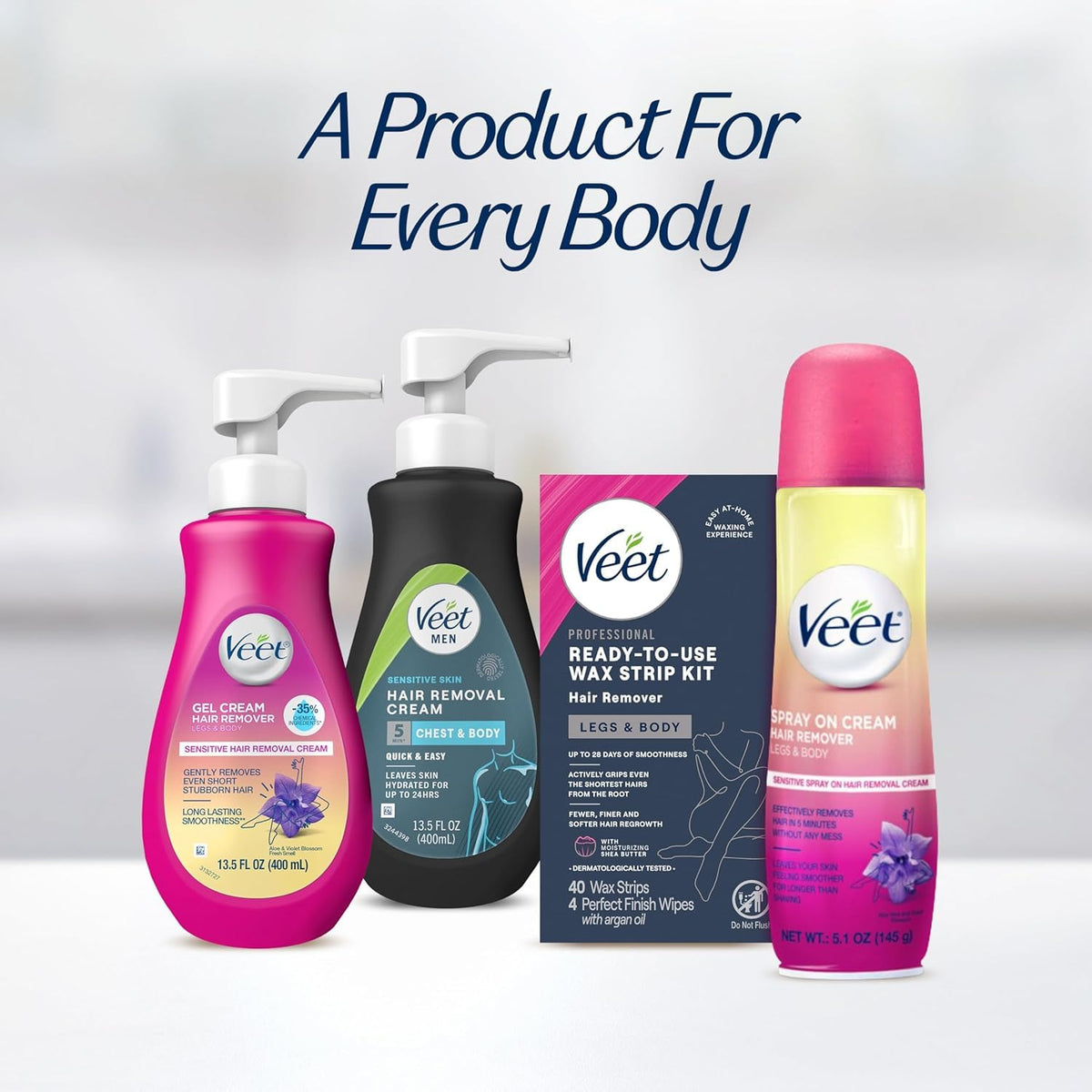 Side view of Veet leg and body hair remover packaging details and size descriptors