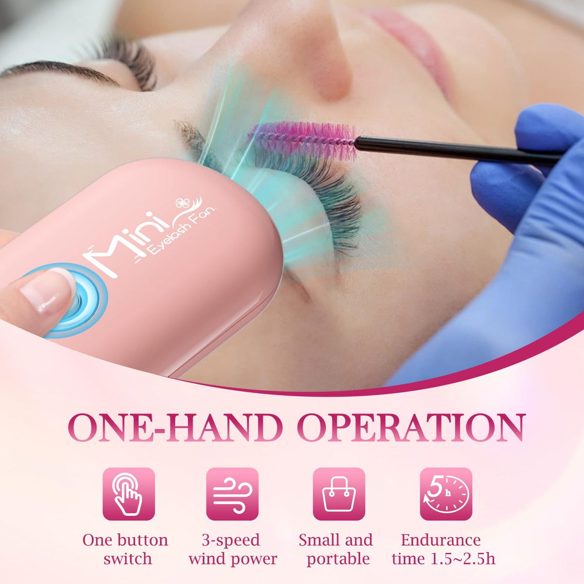 Side perspective of the portable pink lash dryer fan outlining the compact ergonomic handle design.