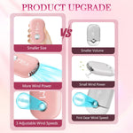 Pink cosmetic extension fan displayed alongside its included white charging cable accessory.