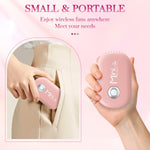 Buqikma mini air conditioning blower placed flat on a clean surface demonstrating its pocket-sized dimensions.