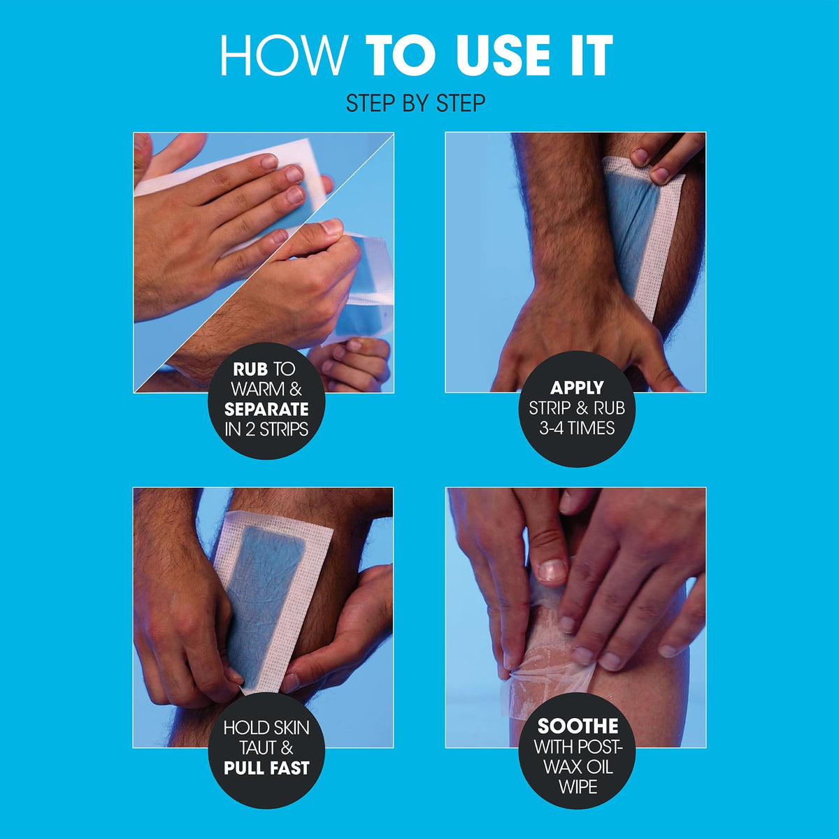 Grooming kit for men featuring twenty body wax strips and two post wax calming oil wipes.