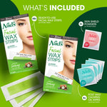 Nads hypoallergenic facial wax strips showing strip application on cheek